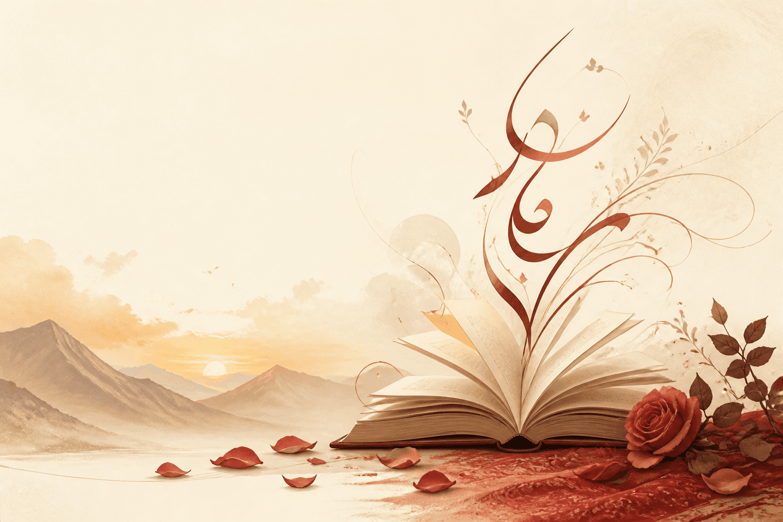 Illustration of Pashto literary tradition, open book and mountain landscape