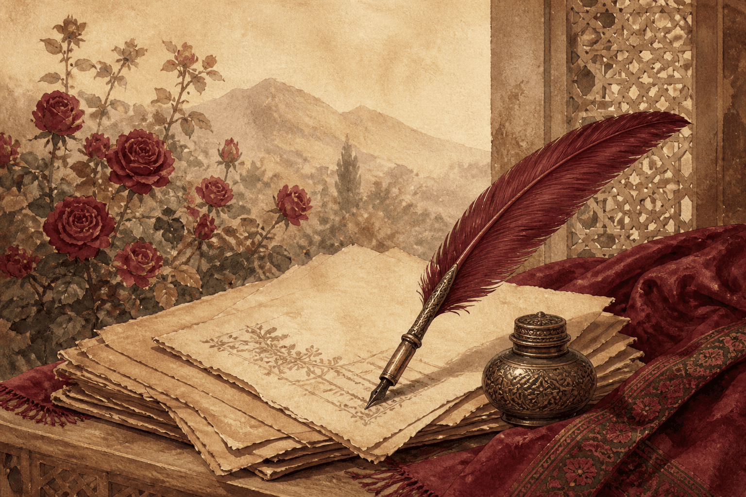 Classical Pashto poetry, manuscript and rose garden